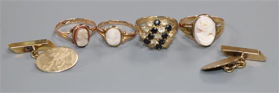 Three 9ct gold cameo rings, a 9ct gold line-set cluster ring and a pair of 9ct gold oval cufflinks, initialled